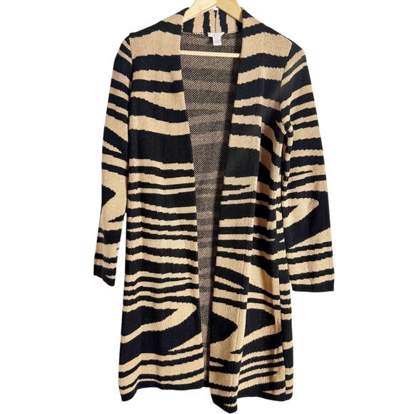 Chico’s Tan Black Zebra Animal Open Front Knit Duster Cardigan Sweater 4 - Picture 1 of 10